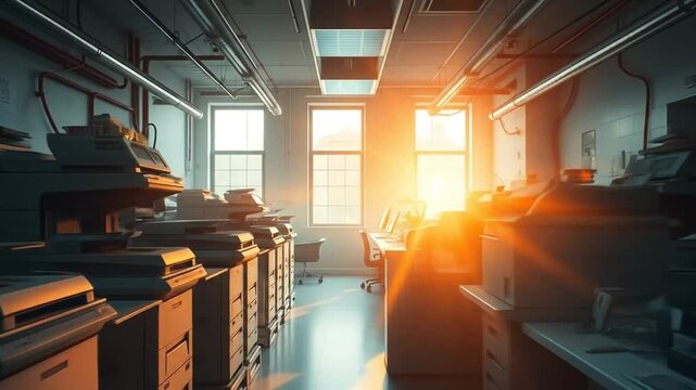 Office printing room with multiple printers and organized workspace during the day. 4k videos