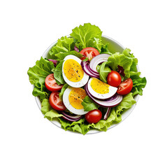 Fresh salad with eggs and vegetables in white bowl