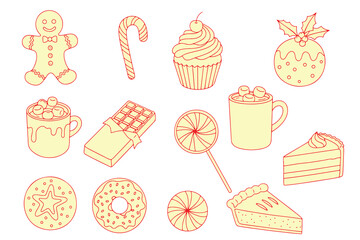 This cute&nbsp;cartoon seamless pattern features a sweet&nbsp;ice&nbsp;cream&nbsp;set with cupcakes, muffins, candy, cherries, and chocolate desserts for a birthday&nbsp;party design for Christmas