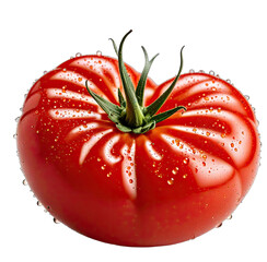 Close-up of a perfectly ripe, red tomato with green stem, droplets
