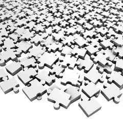 White puzzle pieces scattered across a dark background, in a 3D perspective