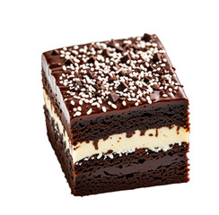 Close-up of layered chocolate dessert with white filling and sprinkles