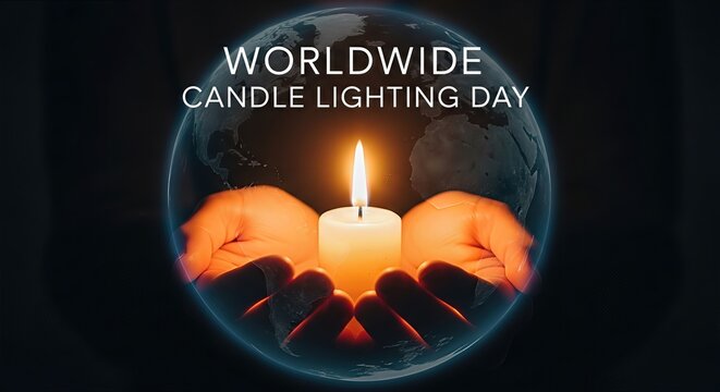 Gentle human hands tenderly hold a glowing white candle, its bright flame illuminating a world globe, symbolizing universal remembrance and peaceful global tribute.