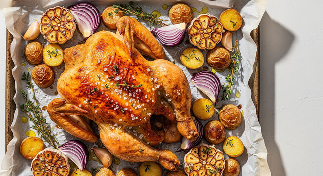 Frango assado com batatas e alho em assadeira &ndash; vista superior