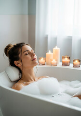 Woman relaxing in bubble bath with candles and petals