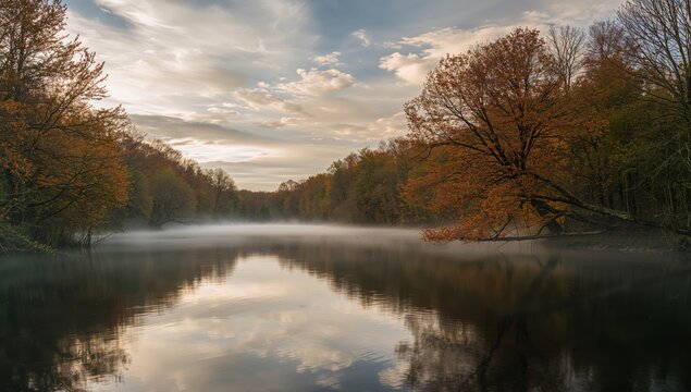 Autumnal Reflections, Serene Waters. A Landscape of Muted Colors and Misty Horizons.