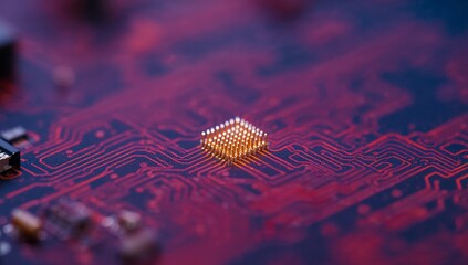 Crimson Circuitry Convergence. Golden Pin Array on Electronic Printed Surface, Blur