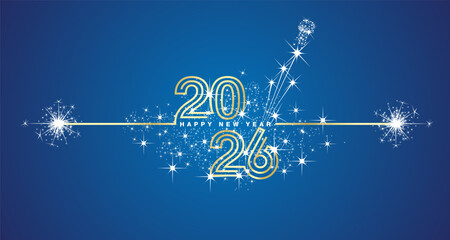 Obraz premium Happy New Year 2026 eve golden triple line design loading sparkle firework. 2026 with opened champagne cork, white blue vector wallpaper greeting card