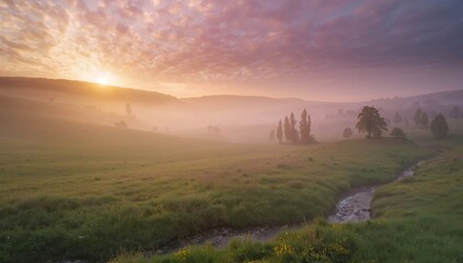 Obraz premium Ethereal Dawn. A Landscape of Mist, Light, and Flowing Waters, with Textured Skies.