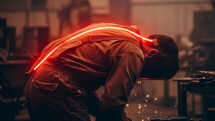 A welder bent over with an illuminated spine in a dimly lit workshop, showing strain