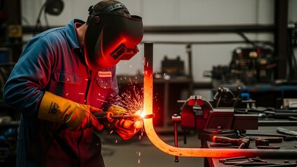 A welder in a workshop uses a welding tool to shape a curved metal bar with protective gear