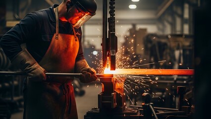 Skilled artisan forging metal with sparks flying in a workshop setting