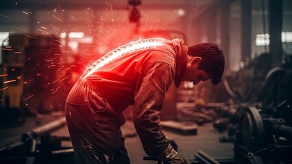 Depiction of industrial worker in pain with highlighted spine and sparks in a dim workshop