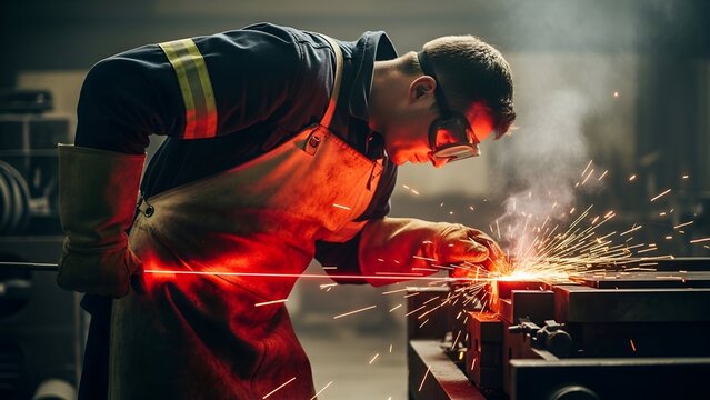 A welder in protective gear focusing on a metal component emitting bright sparks in workshop