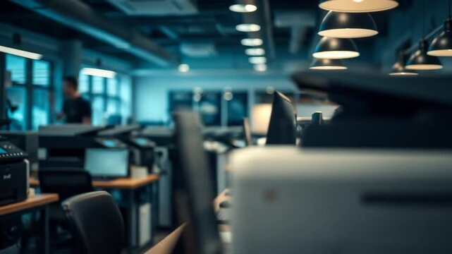 Office printing room with multiple printers and organized workspace during the day. 4k videos