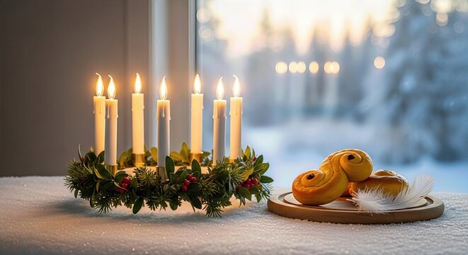 Saint Lucy's joyous tradition features brilliant lit candles on a green winter wreath, delicious golden saffron buns, and a peaceful snowy outdoor vista, December celebration.