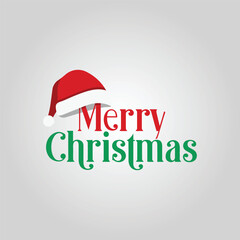 Merry christmas text with a santa hat above it in red and green on a light gray background holiday card