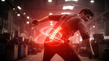 A man in a warehouse clutches his lower back, highlighting spinal pain with red digital effects