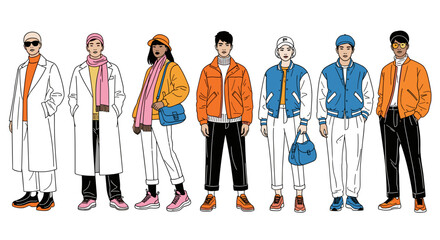 Diverse Fashion Ensemble: A stylized group of individuals showcase the latest trends in a dynamic fashion display, each embodying unique style and sartorial choices.