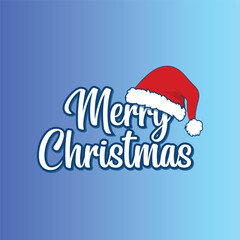 Merry christmas text with santa hat on a blue gradient background for holiday season celebration card