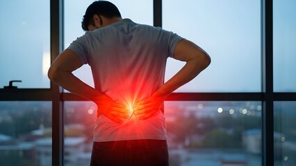 A person clutches their lower back, highlighted with a red glow, by a large window