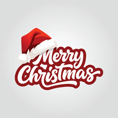 Merry christmas text with santa hat illustration on a light gray background for holiday season greeting