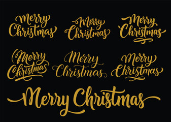 Collection of merry christmas greetings in gold calligraphy on a black background for holiday season