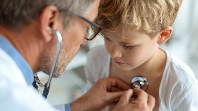 male doctor pediatrician uses a stethoscope gadget to examine the health of a little patient, kid, boy sits on a chair in the office, the concept of health insurance, examination, treatment