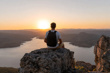 wanderlust lifestyle, backpacker gazes at horizon on cliff during golden hour, evoking feelings of freedom and adventure in travel scene
