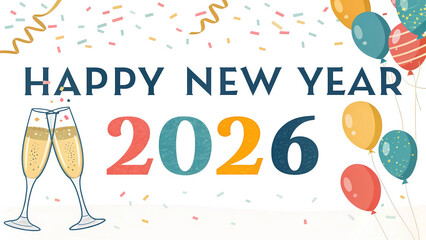 Happy New Year 2026 celebration with champagne glasses and colorful balloons, festive design
