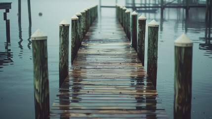 Tampa Dock After Light Rain with Mist Over Water and Reflections on Wooden Surface