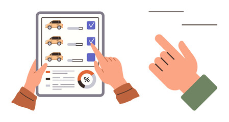 Hands interacting with a tablet showing cars, checkboxes, and analytics. Ideal for decision-making, comparison, checklist, analytics, interactive design, consumer choice simple flat metaphor