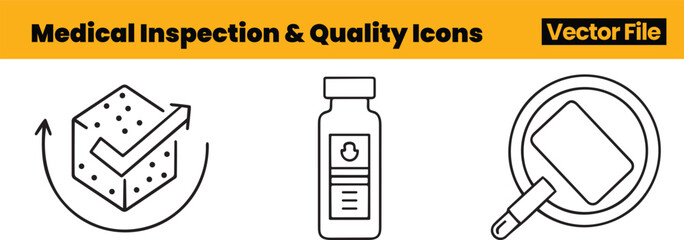 Medical Quality Control Icons Featuring Checked Cube, Medicine Vial and Magnifying Glass Inspecting Label for Pharmaceutical Verification