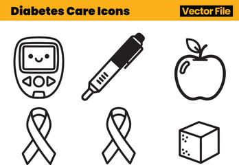 Compact Diabetes Icon Set Featuring Glucose Meter, Insulin Pen, Apple, Sugar Cube and Double Ribbon for Focused Care and Awareness Visuals