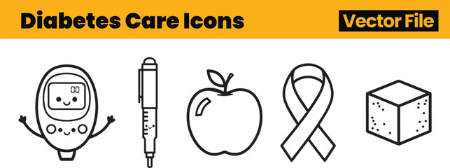Clean Banner-Style Diabetes Icons Featuring Smiling Glucose Meter, Insulin Pen, Apple, Ribbon and Sugar Cube for Friendly Awareness Campaigns