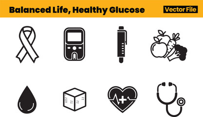 Holistic Diabetes Icons Including Ribbon, Glucose Meter, Insulin Pen, Produce, Heart Pulse, Blood Drop, Sugar Cube and Stethoscope Promoting Balance