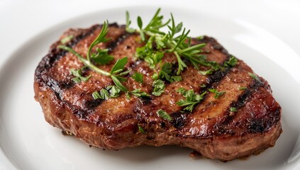 Grilled Slice with Herb Garnish on White Plate, Showing Brown Texture and Dark Marks.