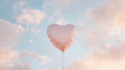 Fototapeta premium HeartShaped Balloon Floating Among the Clouds in Pastel Colors, A Gentle Aesthetic.