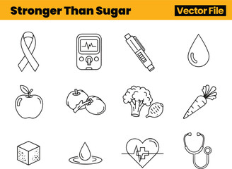 Healthy Living Icons Featuring Fruits, Vegetables, Glucose Meter, Insulin Pen, Ribbon and Medical Elements Emphasizing Strength and Diabetes Awareness