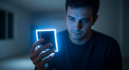 Man gazing intently at a glowing rectangle in a dim room. Focused, thoughtful expression