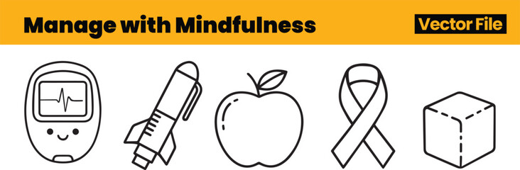 Mindful Diabetes Icons Featuring Smiling Monitor, Insulin Pen, Apple, Awareness Ribbon and Sugar Cube Encouraging Calm, Balanced Wellness