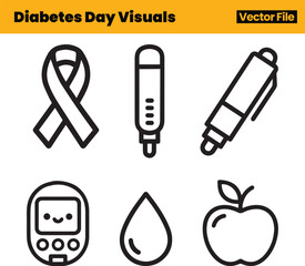 Diabetes Day Icons Displaying Awareness Ribbon, Glucose Meter, Blood Drop, Apple and Insulin Pens Supporting Healthy Living and Global Awareness