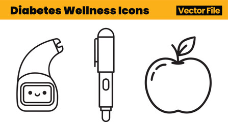 Diabetes Wellness Icons Depicting Smiling Monitoring Device, Nutritious Apple and Insulin Pen Illustrating Balanced Health Management Routine