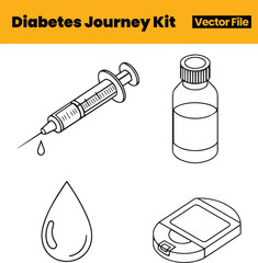 Core Diabetes Journey Icons Showing Syringe, Vial, Glucose Meter and Blood Drop Representing Essential Medical Tools for Daily Care