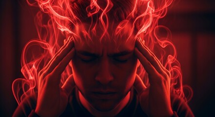 Man in deep thought, head held, enveloped in red smoke, suggestive of stress and pressure