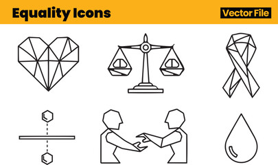 Equality and Justice Icons Depicting Unity, Balanced Scale, Heart Motif, Awareness Ribbon and Dialogue Between Human Figures Advocating Fairness