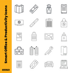 Professional Smart Office and Productivity Line Icons Illustrating Essential Workplace Tools like Clipboard, Pen, Calculator, Printer, and File Folder