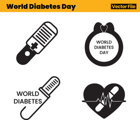 World Diabetes Day Awareness Icons Highlighting Glucose Meter, Support Ribbon, Heart Symbol and Key Health Elements in Bold Vector Style Focused on Prevention