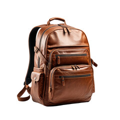 Glossy, brown leather backpack, with multiple compartments, and zippers