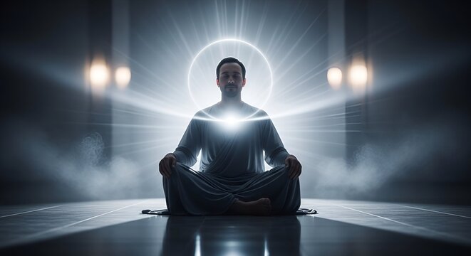 Man in meditative pose with a glowing halo and energy emanating from within